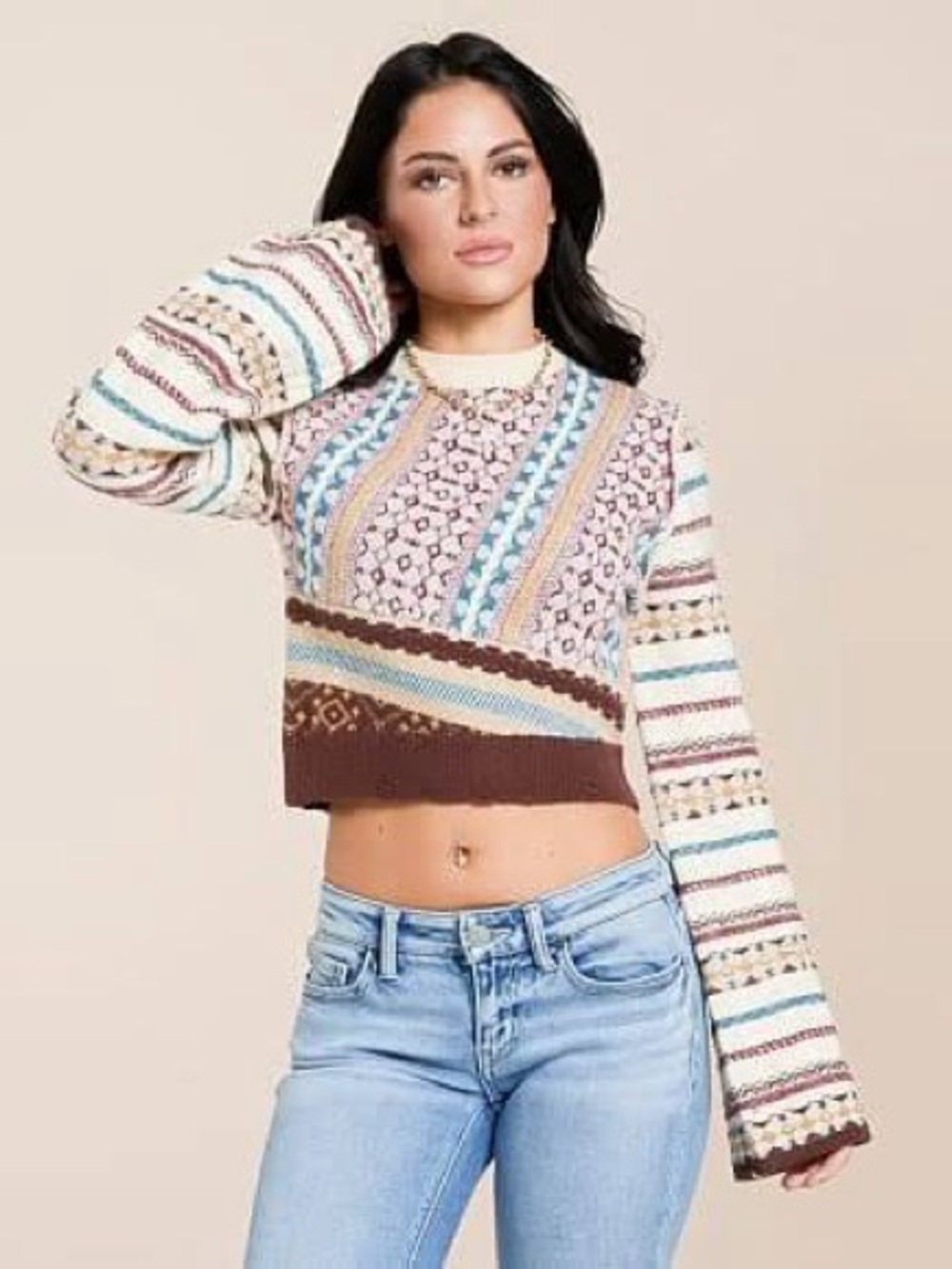 Gilded Intent Boho Mixed Print Cropped Sweater Destructed Hem Flare Sleeve